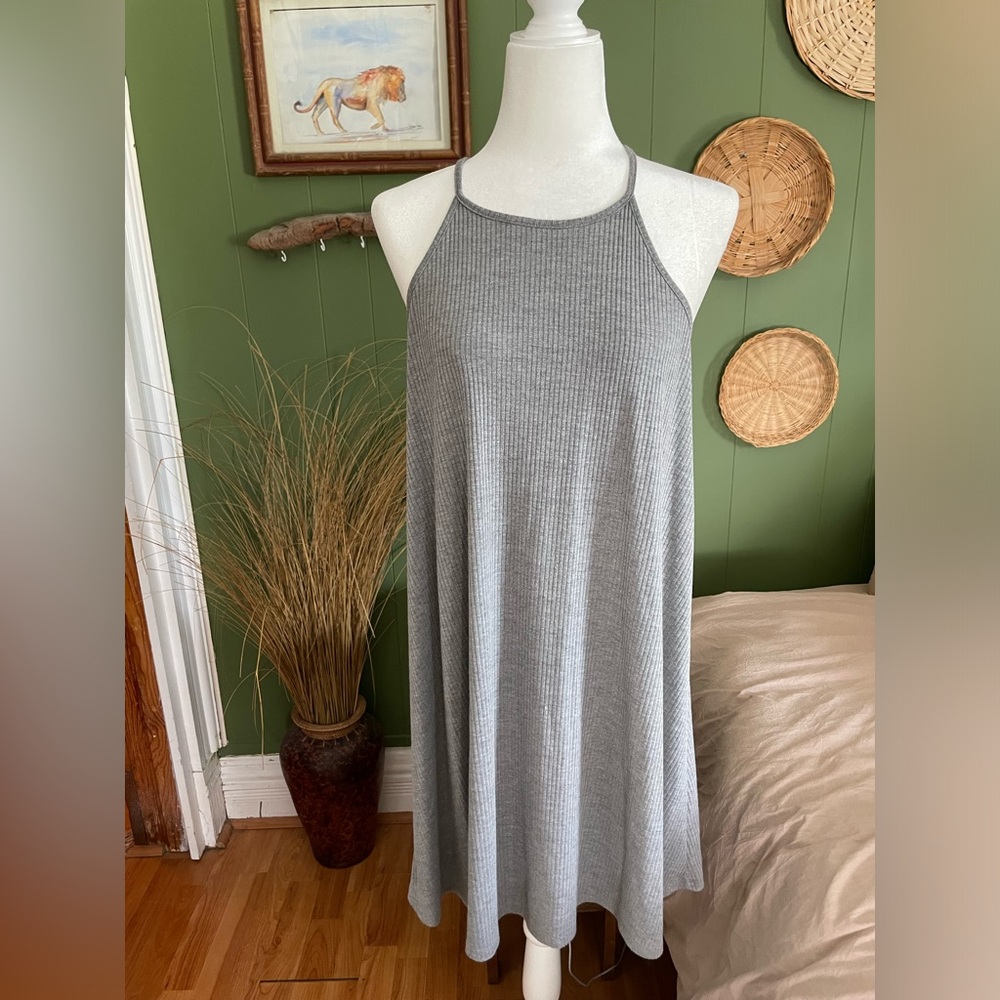 Grey Ribbed A-line Dress with Keyhole Neck